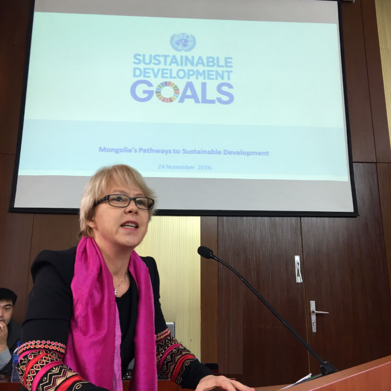 Ms. Beate Trankmann, UN Resident Coordinator in Mongolia reflecting on SDG implementation in Mongolia.  Source: PAGE/ Naqvi