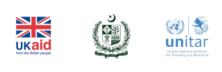 The logo of UK Aid, the Government of Pakistan and UNITAR