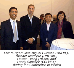 Left to right: José Miguel Guzmán (UNFPA), Michael Jendryke (UNITAR), Leiwen  Jiang (NCAR) and Landy Sánchez (COLMEX) during the Conference in Mexico