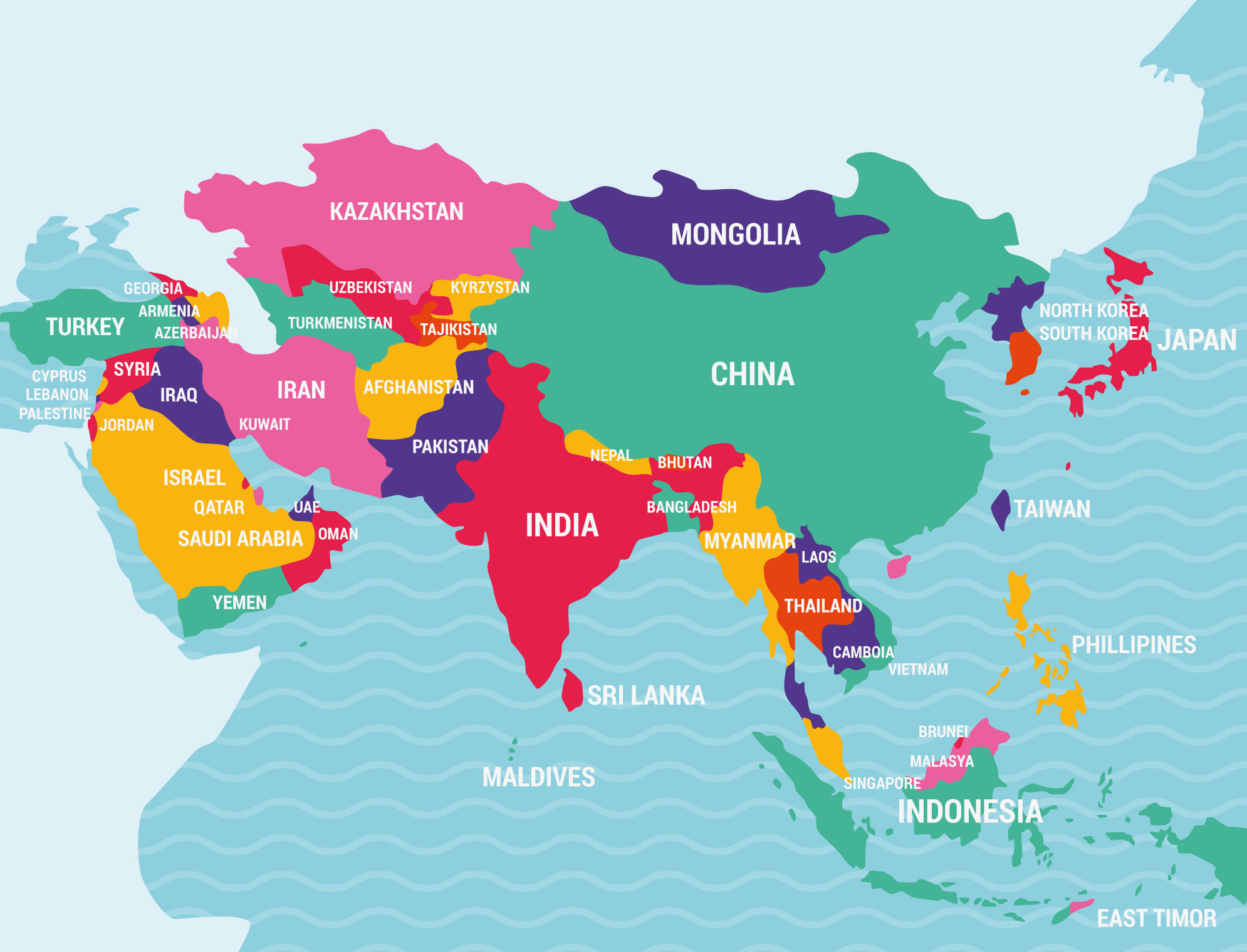 The countries of the world asia. Карта Азии. Карта Азии со странами. Карта Европы и Азии со странами.
