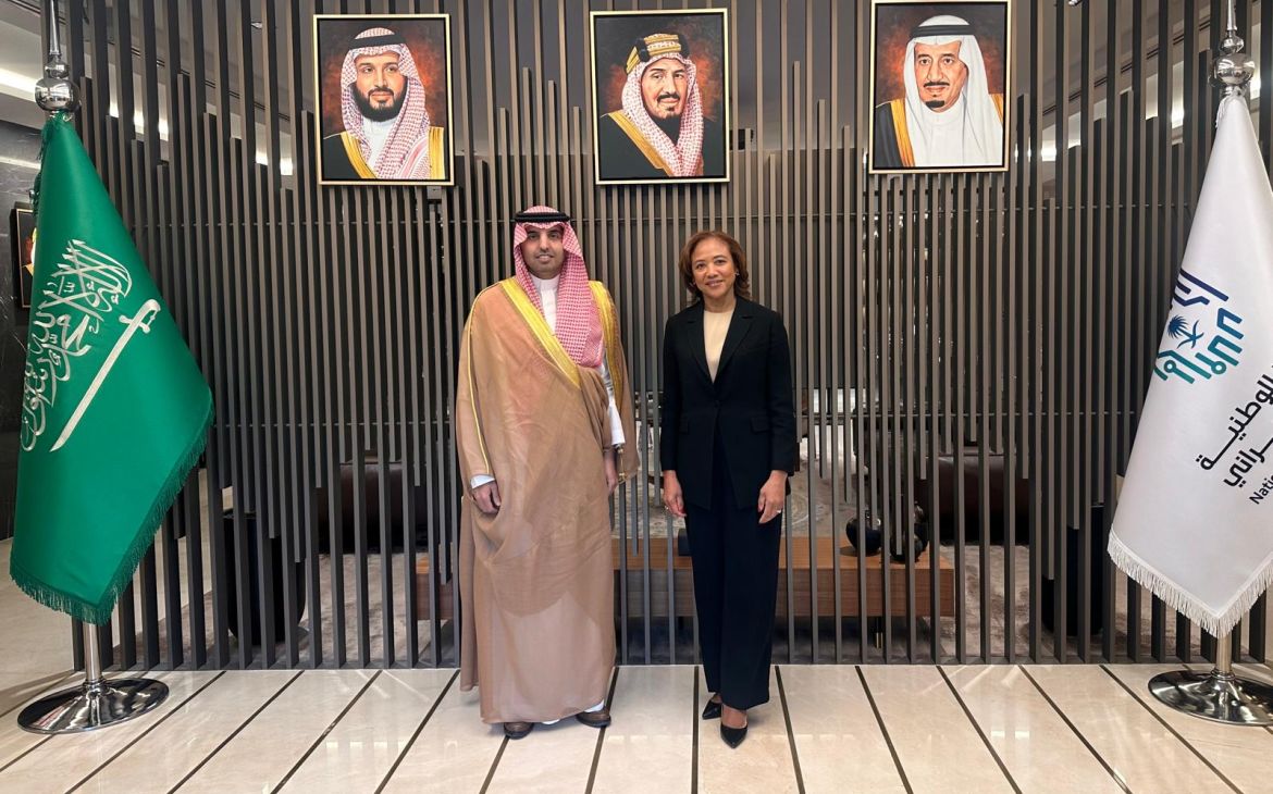 H.E. Eng. Majed M. Al-Mazyed, Governor of the National Cybersecurity Authority, with Michelle Gyles-McDonnough, Executive Director of UNITAR, in Riyadh.