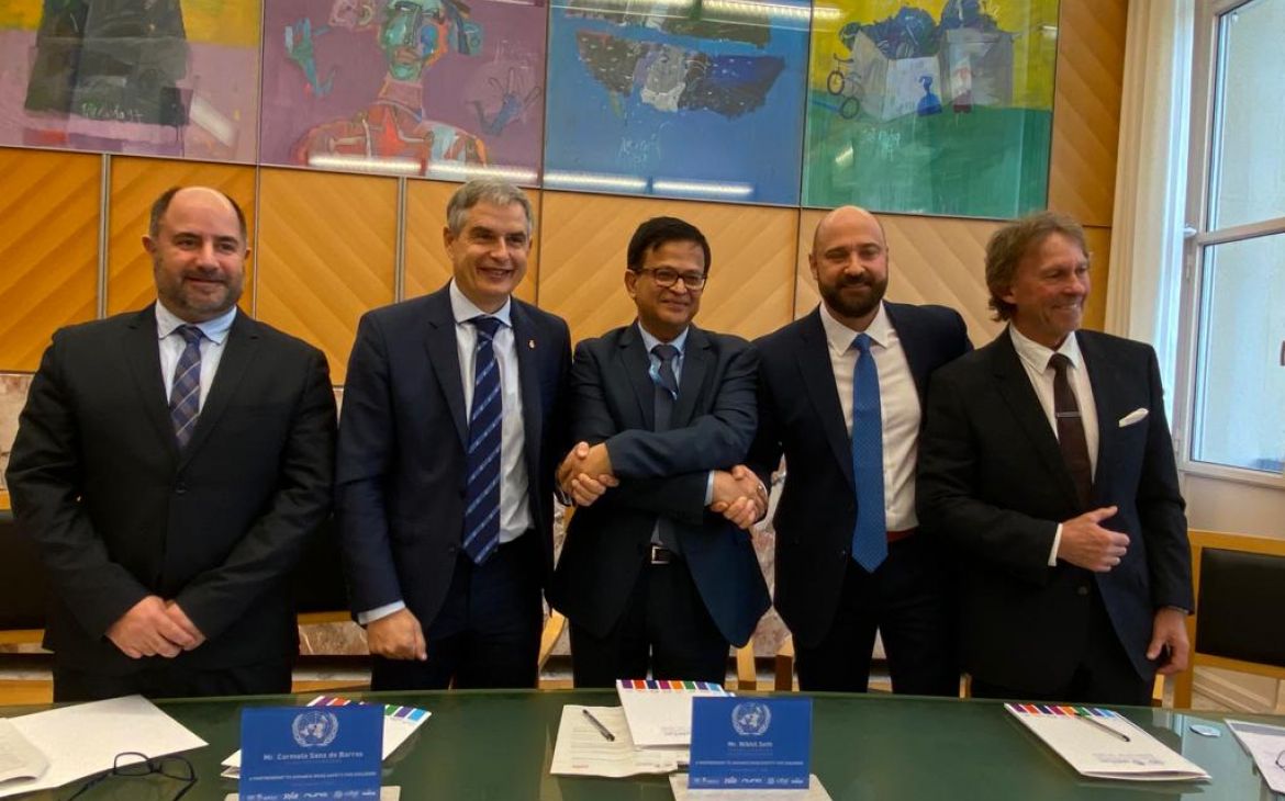 Mr. Carmelo Sanz de Barros, President of RACE and CIFAL Madrid; Mr. Nikhil Seth, UN Assistant Secretary-General and Executive Director of UNITAR; and Mr. Jerry Ingraham, Global Chief Marketing Officer of JOIE, during the signing ceremony