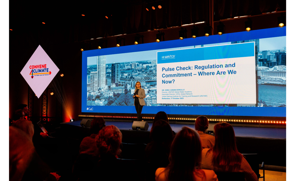 Ms. Ebru Canan-Sokullu delivering a keynote at Convene 4 Climate