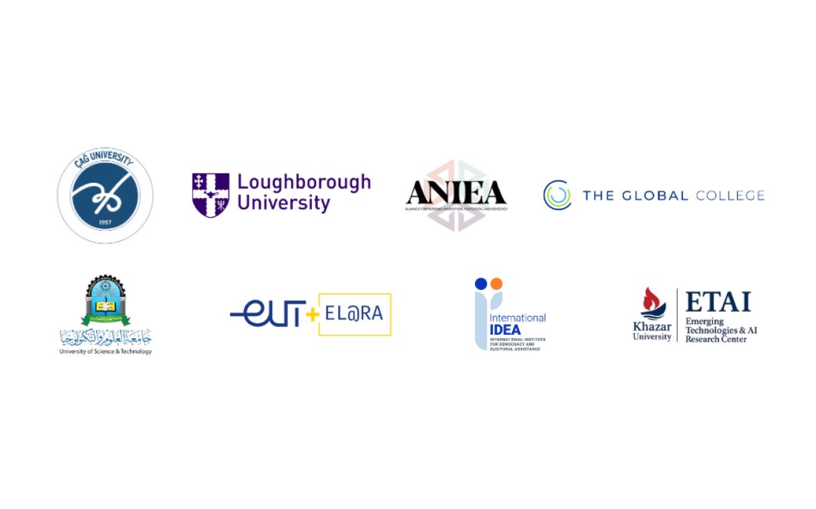 Logos of Çağ University, Loughborough University, Alliance for Nursing Innovation, Education, and Advocacy (ANIEA), The Global College, University of Science and Technology, EUt+ ELaRA Research Group, International IDEA, and ETAI Center | Khazar University as they are confirmed partners of the 3rd UNITAR International Research Conference. 