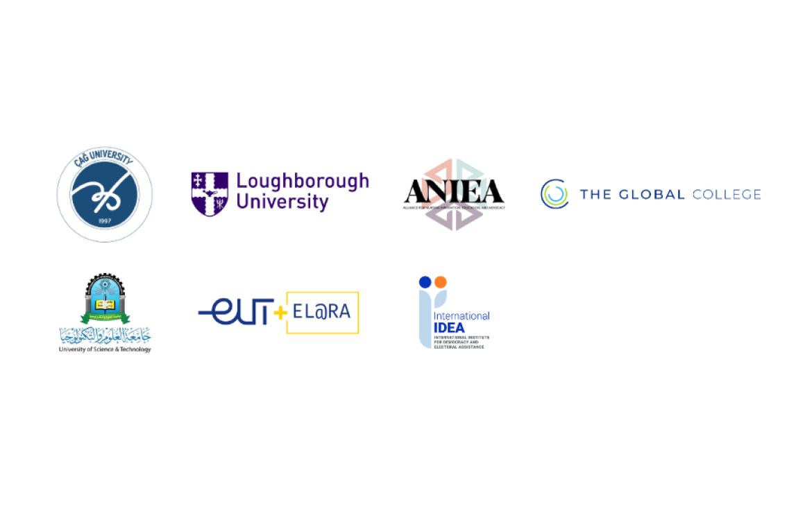Logos of Çağ University, Loughborough University, Alliance for Nursing Innovation, Education and Advocacy (ANIEA), The Global College, University of Science and Technology, EUt+ ELaRA Research Group, and International IDEA; partner institutions of the 3rd UNITAR International Research Conference (3UIRC).