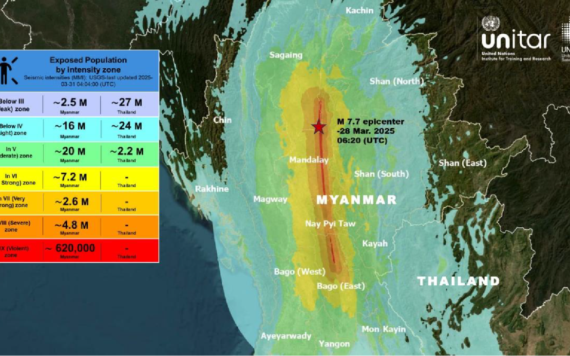Map illustrating the seismic intensity zones following the Sagaing Earthquake (28 March 2025, M 7.7). A total of about 15 million people are potentially exposed to strong to severe intensity.