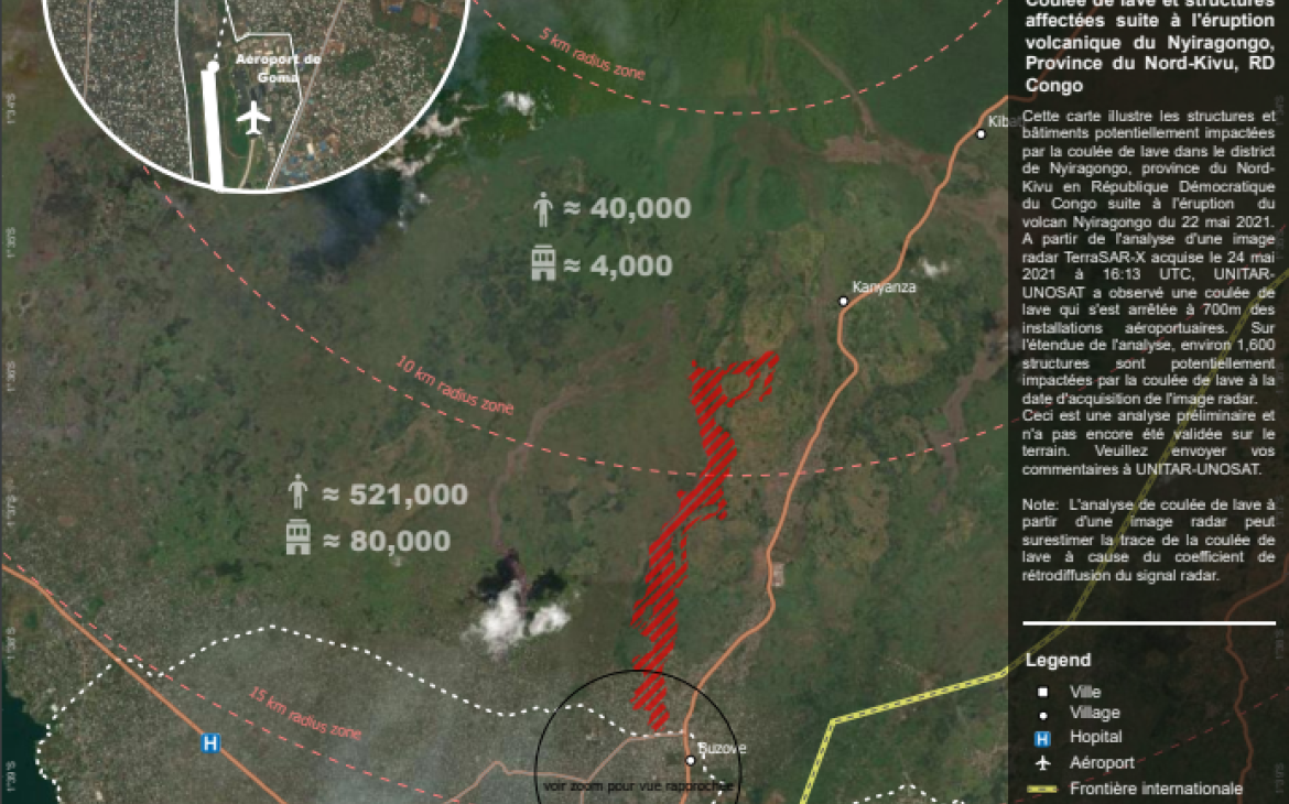Coulée de lave et structures affectées suite à l'éruption volcanique du Nyiragongo, Province du Nord-Kivu, RD Congo