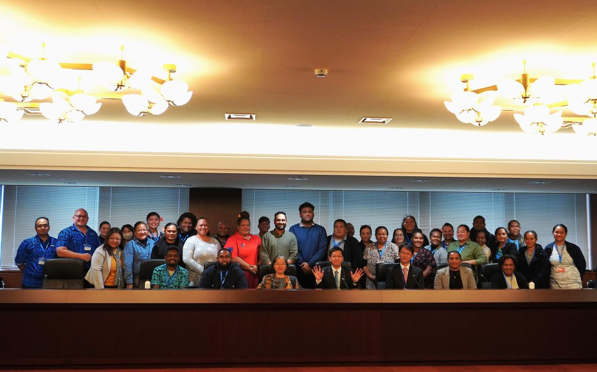 UNITAR EWS training participants group photo during the courtesy visit to H.E. Mr. MATSUMOTO Hisashi, Parliamentary Vice-Minister for Foreign Affairs