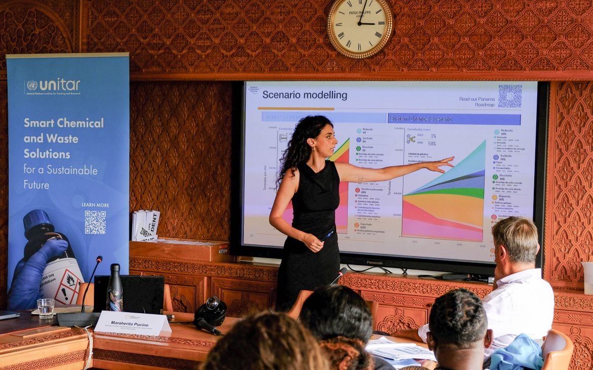 Dr. Marghertia Pucino, Strategic Insights and Roadmaps Lead at the Global Plastic Action Partnerships presenting on plastics management