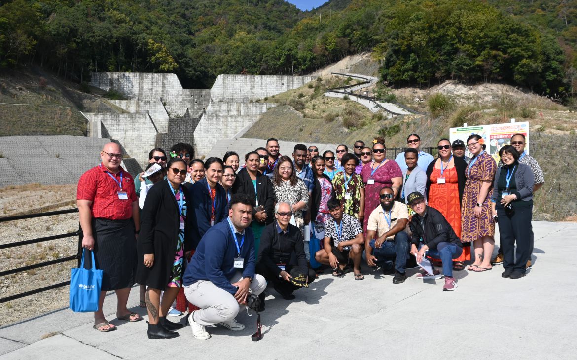 Participants visiting the Hiroshima City Torrential Rain Disaster Memorial Center and the affected area