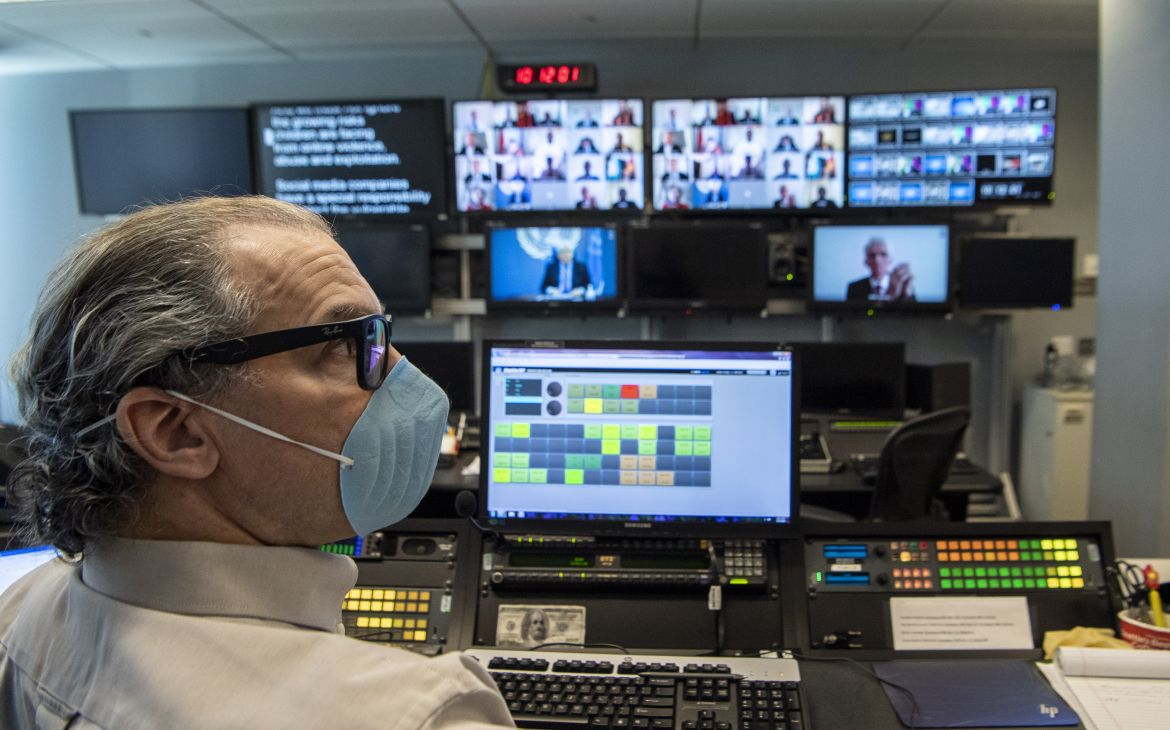 A view from the UNTV studio as members of the Security Council hold an open video conference in connection with the situation in the Middle East (Yemen). In front is John Montenero, Senior Broadcast and Conference Operator at the Office of Information and Communications Technology (OICT).