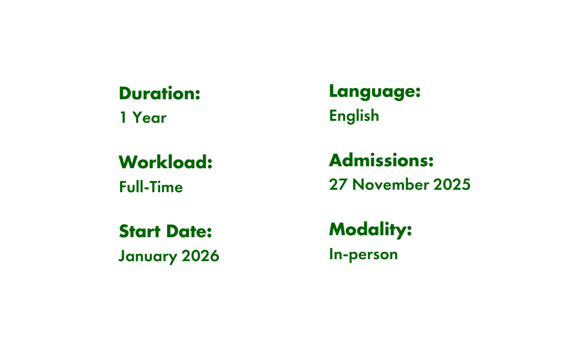 Programme information box showing: Duration – 1 Year; Workload – Full-Time; Start Date – January 2026; Language – English; Admissions – 27 November 2025; Modality – In-person