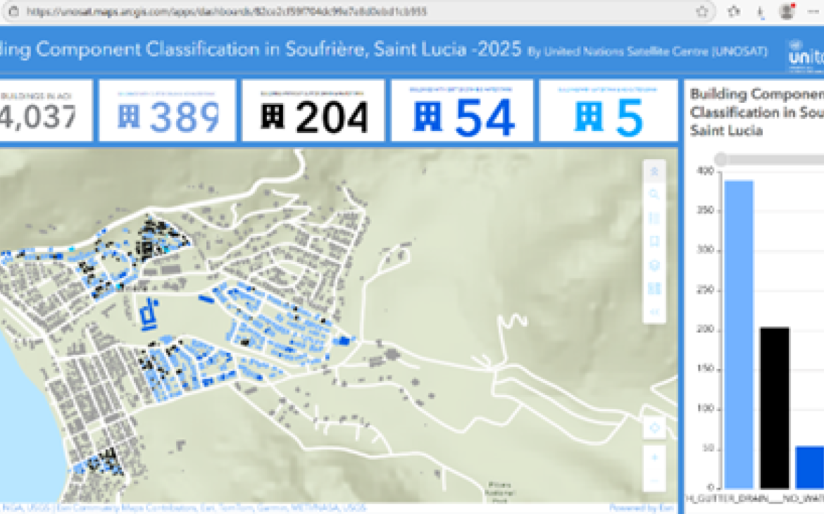 Figure 1. Screenshot from UNOSAT platform - Building component classification in Soufriere, St.Lucia in 2025