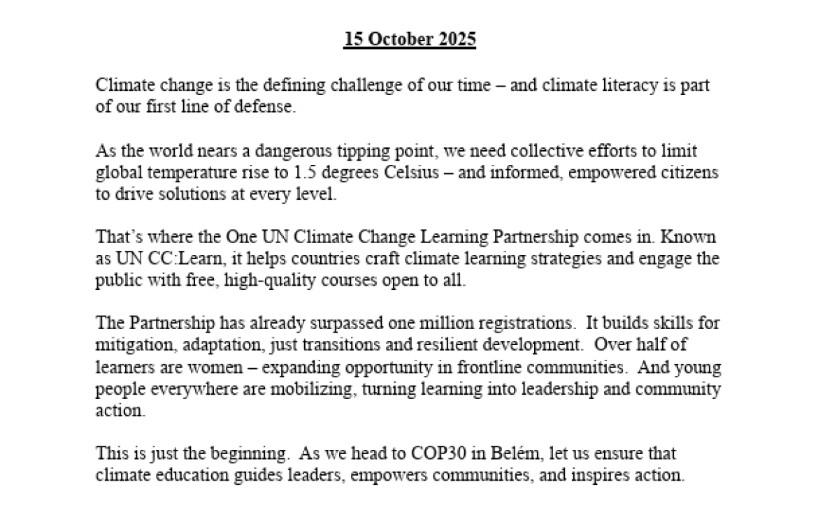 Message from the United Nations Secretary-General for the UNITAR Platform on Climate Change Literacy “UN CC:Learn”