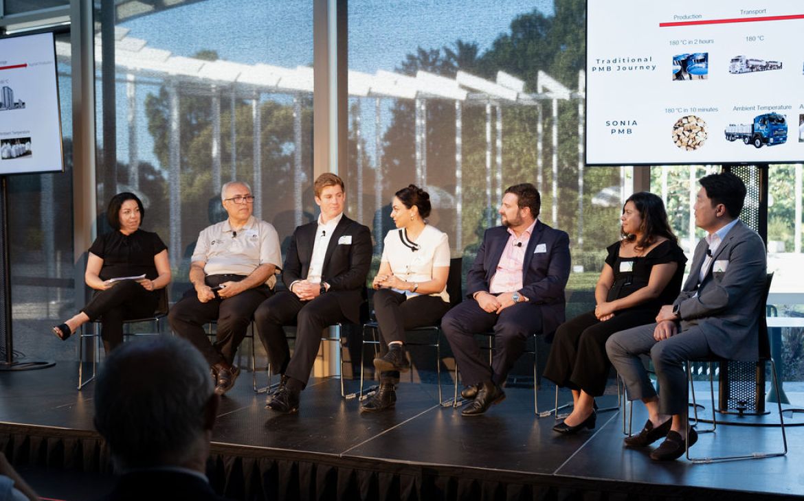 A panel of speakers at the TRaCE Inaugural Showcase. From L-R: TRaCE Research and Commercialisation Director Gabriella Nunes, UON L/Prof Behdad Moghtaderi, Kardinia Energy Chief of Operations Samuel Clinton, UNSW A/Prof Ailar Hajimohammadi, Rio Tinto Principal Advisor (Technical Strategy) Karl Malitz, EM Energy Co-Founder Isabel Toasa and Decarice Co-Founder UNSW Prof Shawn Kook.