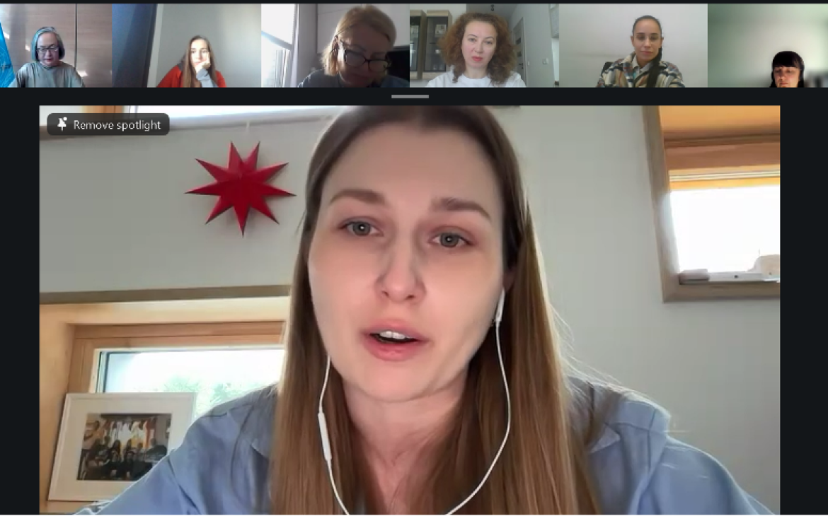 This is a screenshot of Olga Narushynska, UCU, picture taken at the Opening Ceremony of the Digital upskilling and reskilling programme for Ukrainian women refugees and IDPs