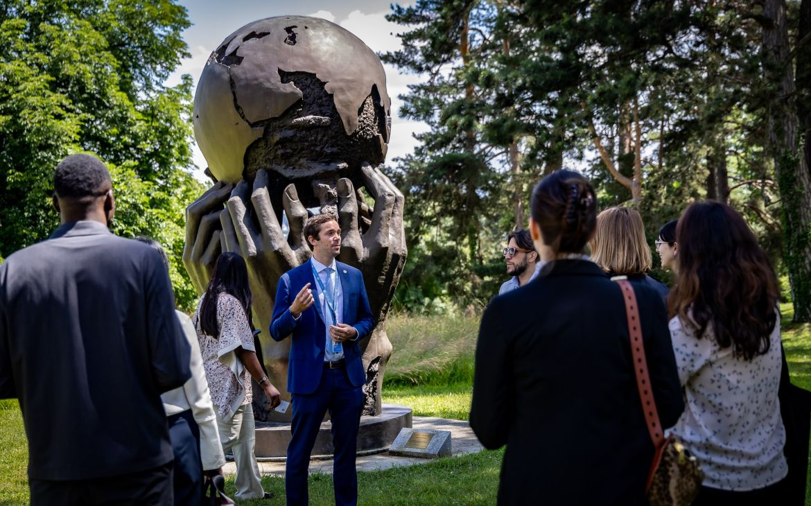 Participants in the courtyard of Palais des Nations
