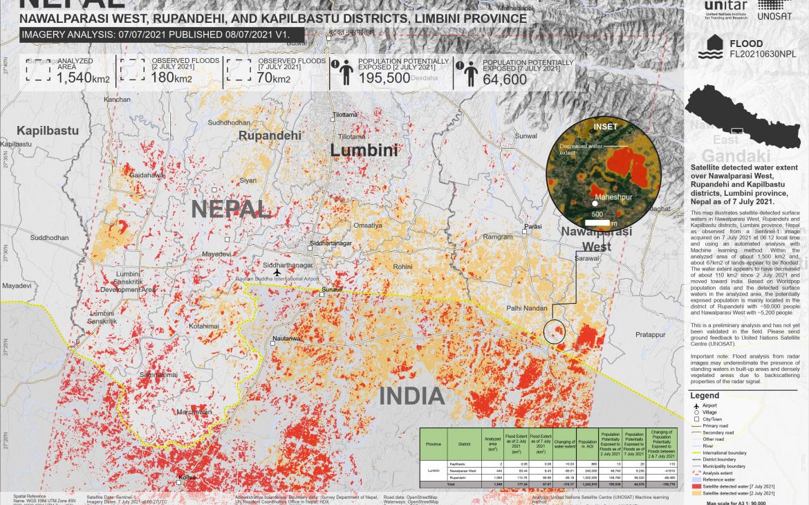 Satellite Detected Water Extent over Province 2, Lumbini, Gandaki, and Bagmati Provinces, Nepal as of 3 of July 2021