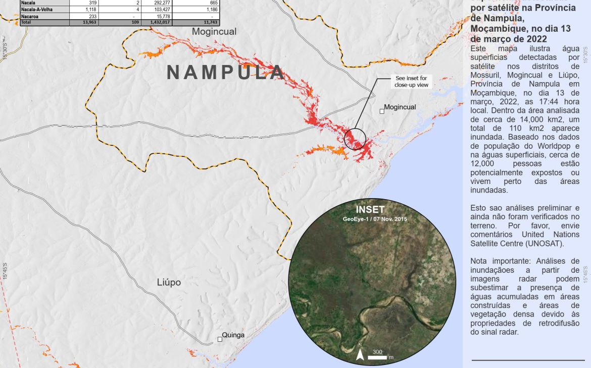 Extensões de água superficias detectadas por satélite na Província de Zambezia Moçambique, no dia 15 de março de 2022
