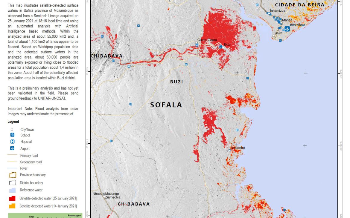 Map of satellite-derived water extend in Sofala province on 25th January 2021