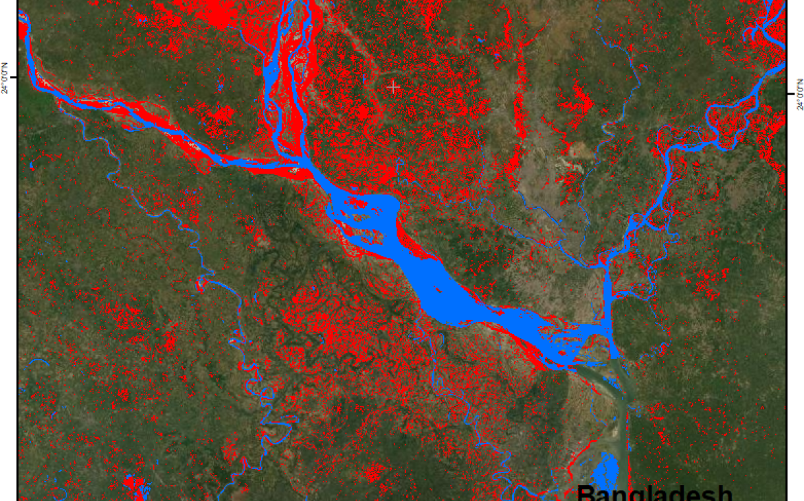 Representation of the permanent water bodies (blue) and the satellite detected waters (red) over part of Bangladesh in July 2020. UNOSAT Flood AI product