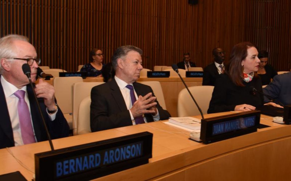 Founder and Managing Partner of ACON Investments Mr. Bernard Aronson, Former President of Colombia H.E. Mr. Juan Manuel Santos, and President of the 73rd Session of the General Assembly H.E. Ms. Maria Fernanda Espinosa Garcés at the event. 