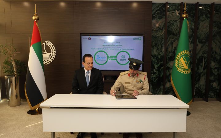 UNITAR and Dubai Police representatives during the signing of the Memorandum of Understanding on Human Rights cooperation in Dubai.