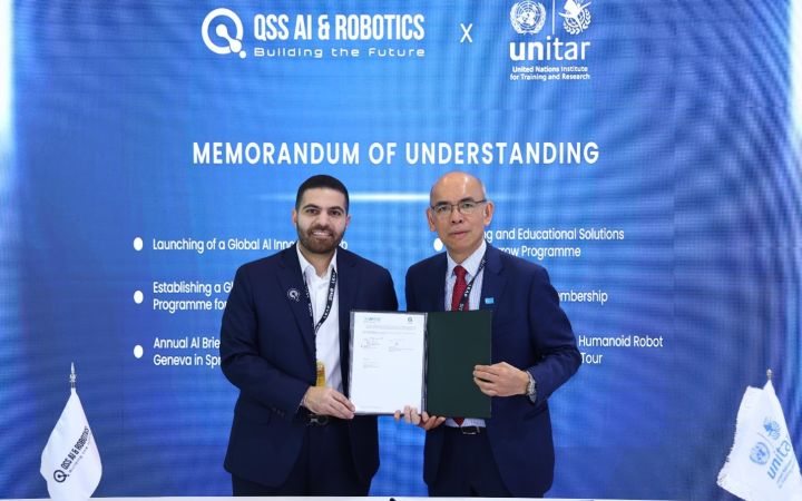 Memorandum of understanding signing in Riyadh with Dr. Elie Metri, CEO of QSS AI and Robotics and Mr. Michael Adalla, representing UNITAR.