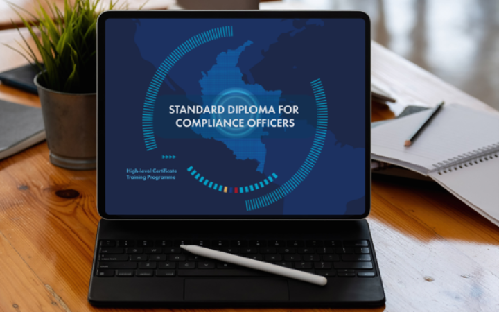 Laptop screen showing the title of the programme- UNITAR Standard Diploma for Compliance Officers