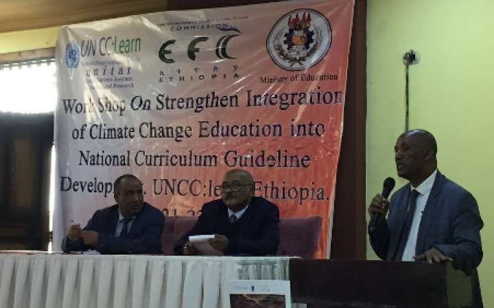 Workshop opening by His Excellency Kebede Yemam, Deputy Commissioner of the Environment, Forest, Climate Change Commission (EFCCC) and Director of the Curriculum Development and Implementation Directorate, Ministry of Education. August 2019, Bishoftu, Ethiopia.