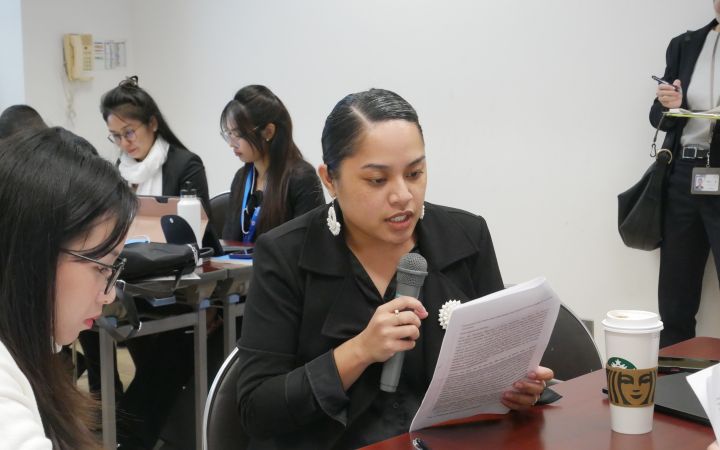 A participant from the UNITAR Nuclear Disarmament Programme sitting with a microphone, reading from a paper