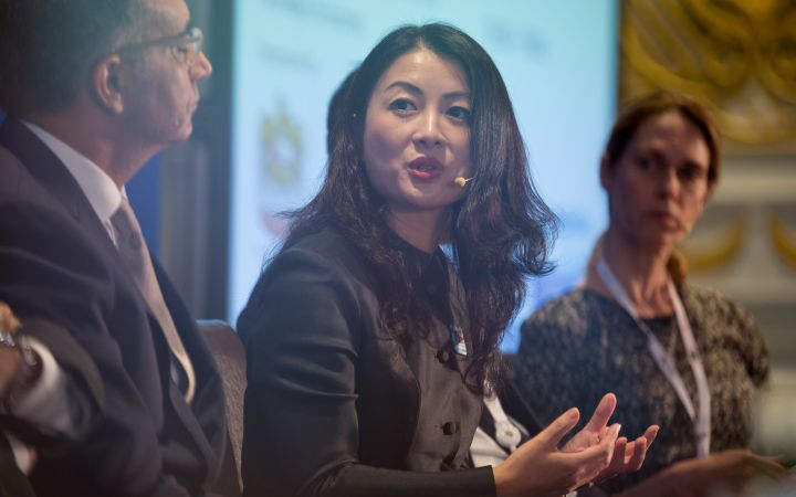 Two people discussing a presentation