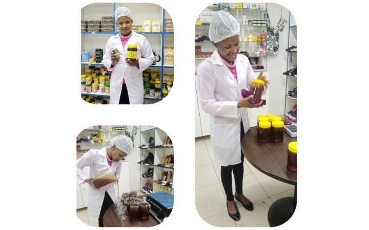 Photo collage: Angeline wearing a lab gown and disposable hair cap while smiling for the camera, rebottling honey, and cleaning the bottles.