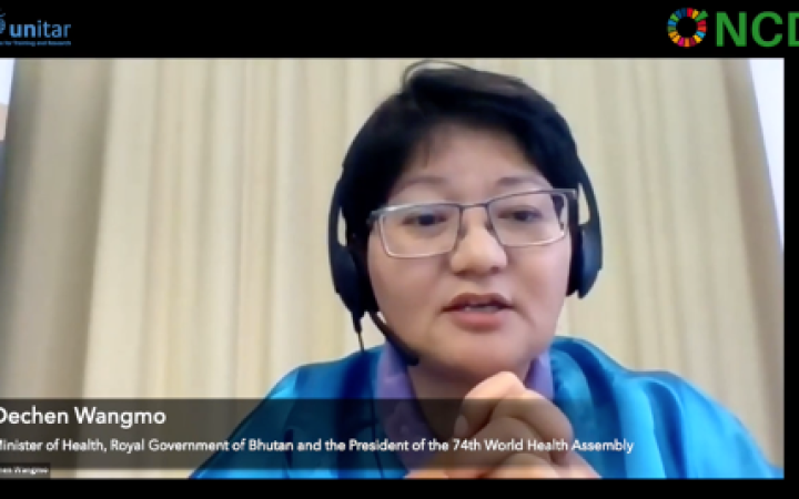 Screenshot of Ms. Dechen Wangmo, Bhutanese Minister of Health, speaking during the webinar