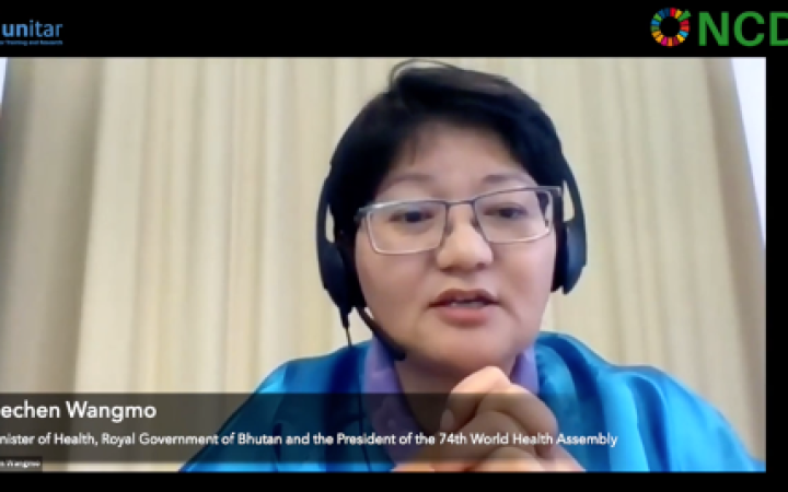 Screenshot of Ms. Dechen Wangmo, Bhutanese Minister of Health, speaking during the webinar