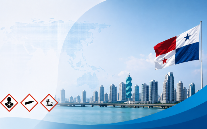 the flag of Panama against the backdrop of a cityscape with some GHS pictograms