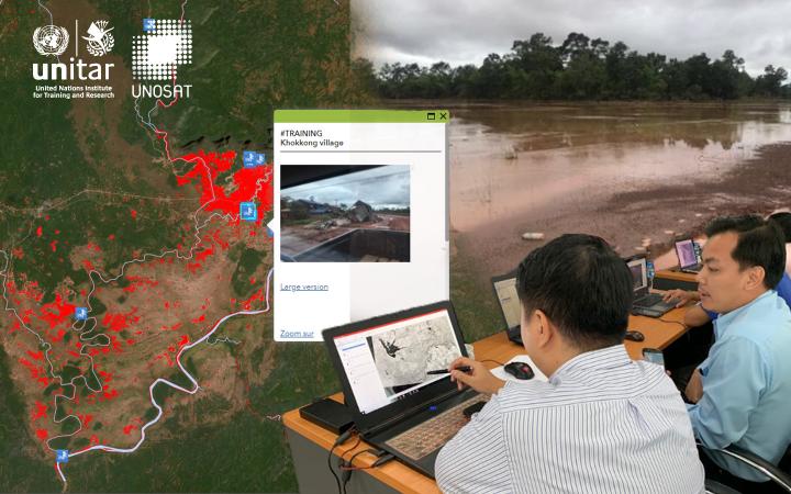 Collage of web map, photo of flooded river and trainings participants