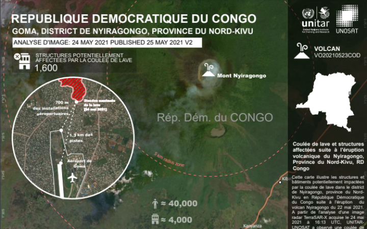 Coulée de lave et structures affectées suite à l'éruption volcanique du Nyiragongo, Province du Nord-Kivu, RD Congo