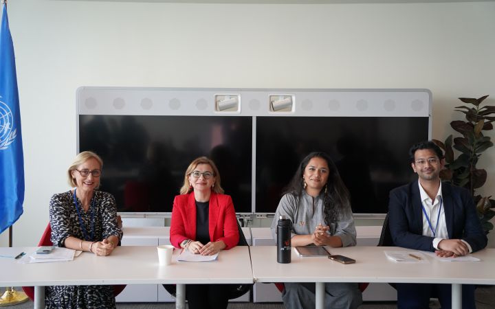  Ebru Canan-Sokullu, Deputy Director of UNITAR's Division for People and Social Development, takes part in the discussion during Panel I, alongside fellow panellists and the session moderator.