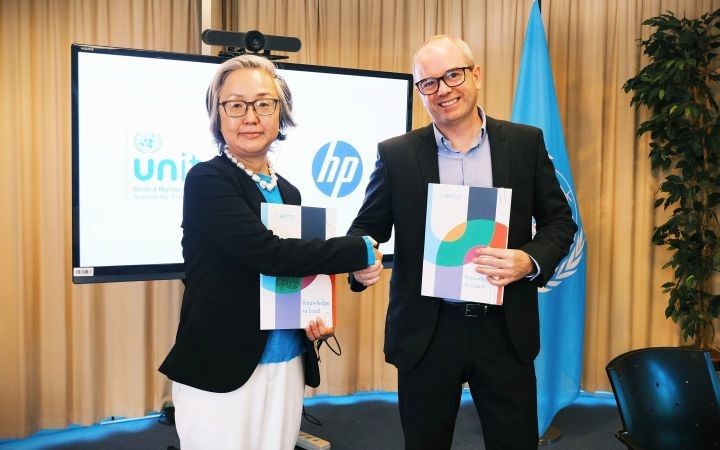 MOU signing in Geneva with Mr. Joe Lyons, Chief of Staff, HP Inc. SEMA, and Ms. Mihoko Kumamoto, Director, Division for Prosperity, UNITAR.