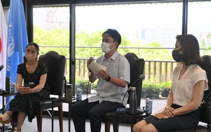 Power of Youth from Hiroshima panelists (L-R): Kako Okuno (Fridays For Future Hiroshima Organizer), Kento Suzuki (Personalization Project Founder), Mary Popeo (Peace Culture Village Cofounder)