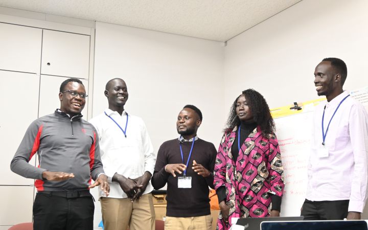 John Ladu Simon Jacob (person in the middle) working with other participants from the 2023 Great Ideas Space for South Sudan: Entrepreneurship and Innovation Training for Food Security programme
