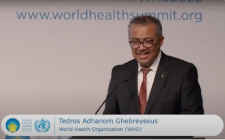 Photo of Dr Tedros addressing the participants at the World Health Summit 2022