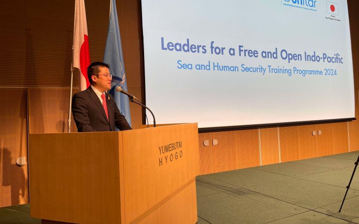 Mr. Makiya Nambu, Director and Managing Executive Officer from Pasona Group Inc. Presenting a speech at the UNITAR Sea and Human Security Training Workshop in Awajishima