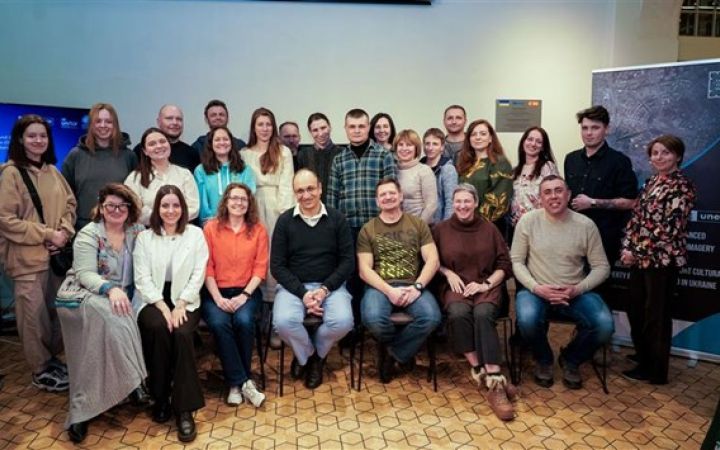 Figure 3. UNESCO and the United Nations Satellite Centre pose with participants from the February 2025 capacity building training event inside the Lviv Culture Hub in Lviv, Ukraine