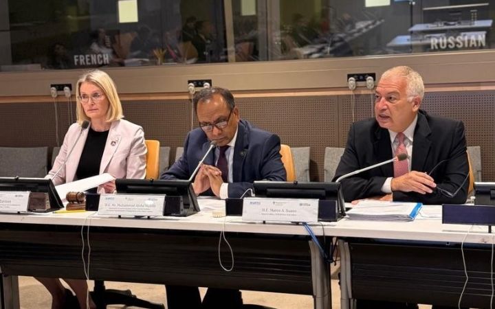 Ms. Lotta Tahtinen, H.E. Mr. Muhammad Abdul Muhith, H.E. Mr. Marco Suazo (left to right) sit at panel for introductory remarks in the 2024 QCPR training module 4