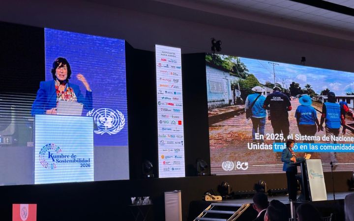 United Nations Resident Coordinator Ecuador - Ms Laura Melo, giving a speech at the Summit for Sustainability