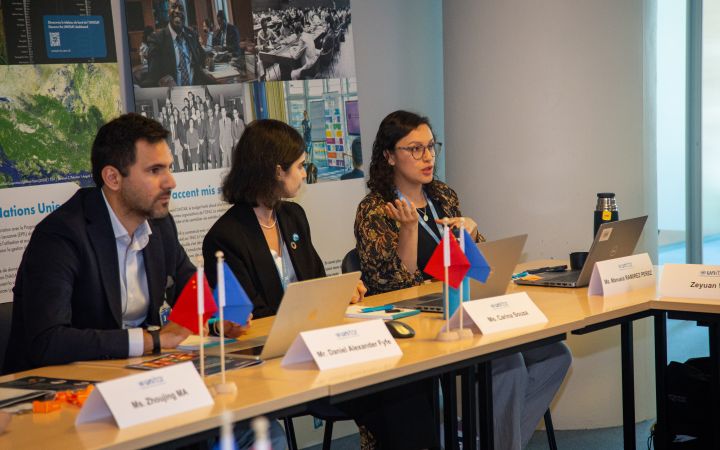 A woman panellist seated at a conference table speaks and gestures while a male and female panellists look on