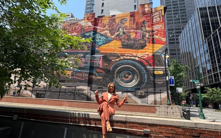 Ms. Michelle Gyles-McDonnough with UNITAR’s ‘Safe Driving is Cool’ mural