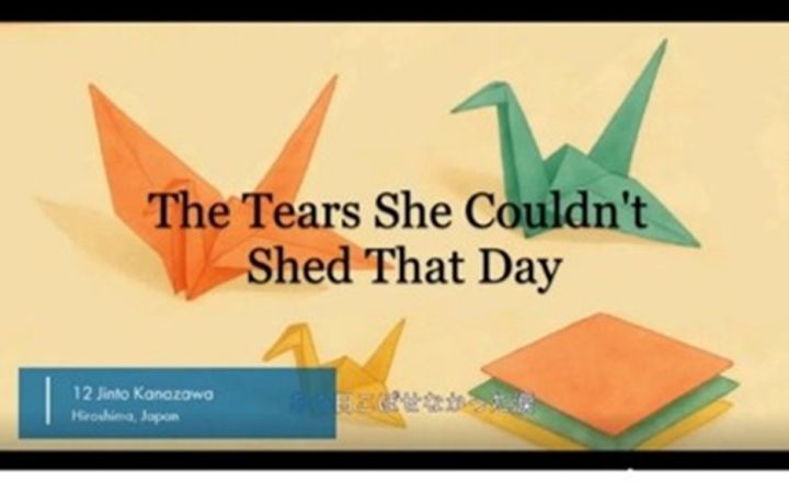 A screenshot of a project slide which shows cranes and books and titled "The tears she couldn't shed that day"